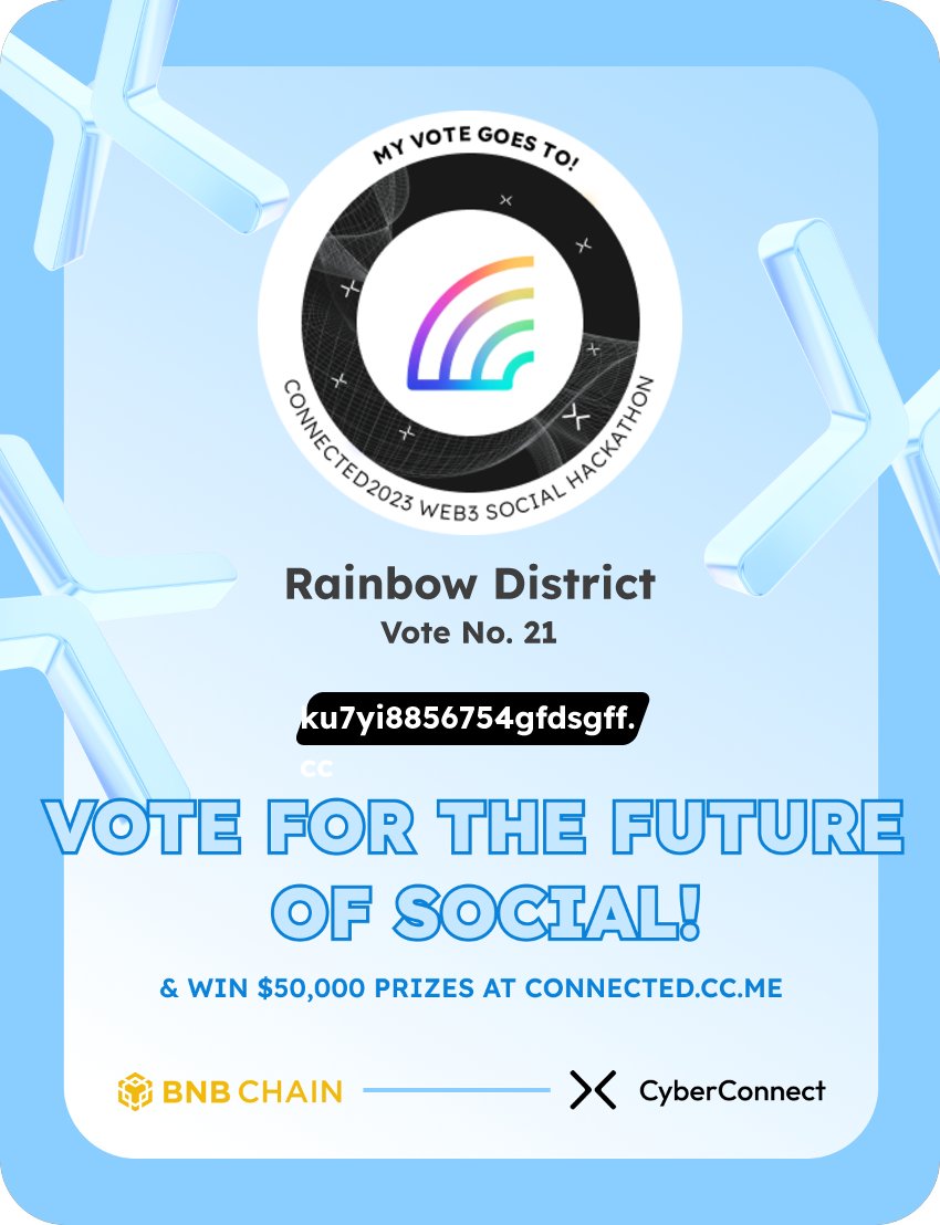 ArleneMalthus1's tweet photo. Rainbow District in #Connected2023, a Web3 Social hackathon by @CyberConnectHQ the social graph protocol &amp; @BNBCHAIN
Join me to vote for a better social and win $50,000-$100,000 prizes!
https://t.co/WgBJkDEg5p
sig:sXwxag 
  https://t.co/UYi3NKtELn https://t.co/6Agn5IreXy