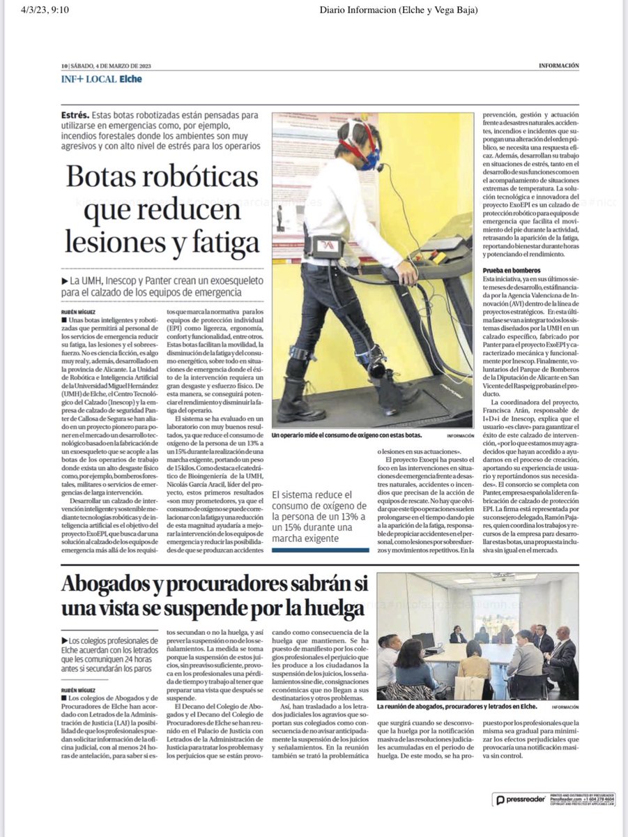 El proyecto EXOEPI coordinado por <a href="/PaquiArn/">Paqui Arán</a> y <a href="/nik_gar_aracil/">Nicolas GarciaAracil</a> <a href="/UniversidadMH/">UMH</a> <a href="/InescopTech/">Inescop</a> <a href="/Panter_Calzado/">PANTER</a> <a href="/GVAavi/">IVACE+i Innovación</a> en la pagina 10 de diario Informacion Elche