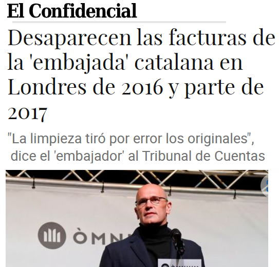 CCivicaCatalana's tweet photo. Vaya por Dios.

El gobierno catalán dice al Tribunal de Cuentas que no puede justificar sus gastos millonarios en su embajadita de Londres. Que "la señora de la limpieza tiró a la basura las facturas".

Tus impuestos son para educación, sanidad y el agujero negro del separatismo. https://t.co/Ha3CZMTnRX