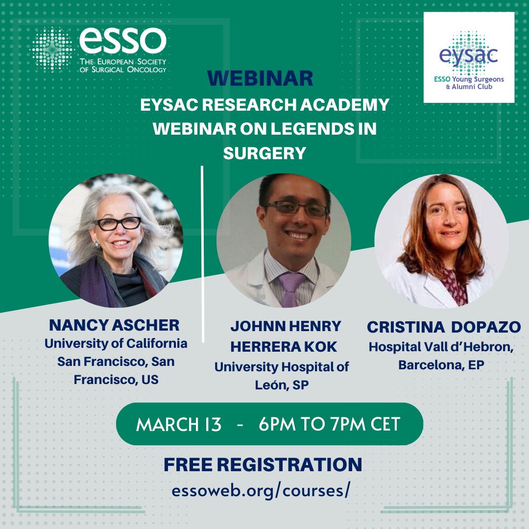 ESSOnews's tweet photo. 🚨EYSAC Research Academy 🆓 Webinar on #LegendsinSurgery
🗓️ 13 March 2023
⏰ 6-7pm CET
🔗https://t.co/Vx2Z5SO48S
@JHHerreraK @cdopazo1
#SurgicalOncology #freewebinar #ESSOwebinar #Surgery #MedTwitter https://t.co/0K0gixBKMZ