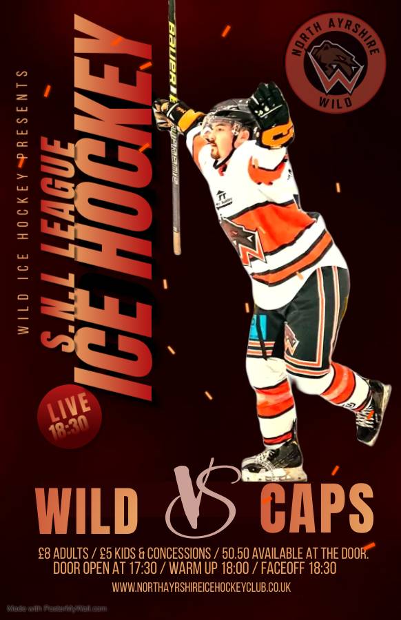 ITS GAME DAY HOCKEY FANS........... Come along and support your Wild SNL team and coach Desimone when our WILD take on Edinburgh Capitals . F.O 18:30 . As usual £8 adults and £5 kids and concessions. N.A Wild Junior players FREE. Teabar now located in Cafe area.