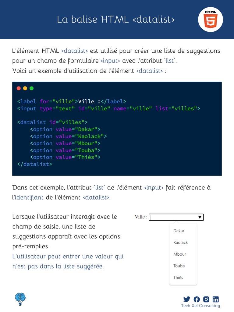 TechXelConslt's tweet image. Bonjour ! Parlons de l’utilité de l’élément HTML &amp;lt;datalist&amp;gt;.
#html #datalist #input #list
#techxelconsulting