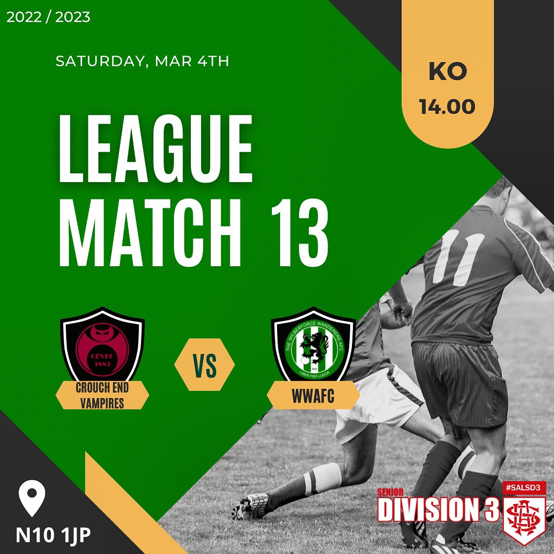 🆚 <a href="/CEV_FC/">Crouch End Vampires</a> 
🏆 SAL Division 3
🏟 MUSWELL HILL PLAYING FIELDS, N10 1JP
⏰ 14:00 KO