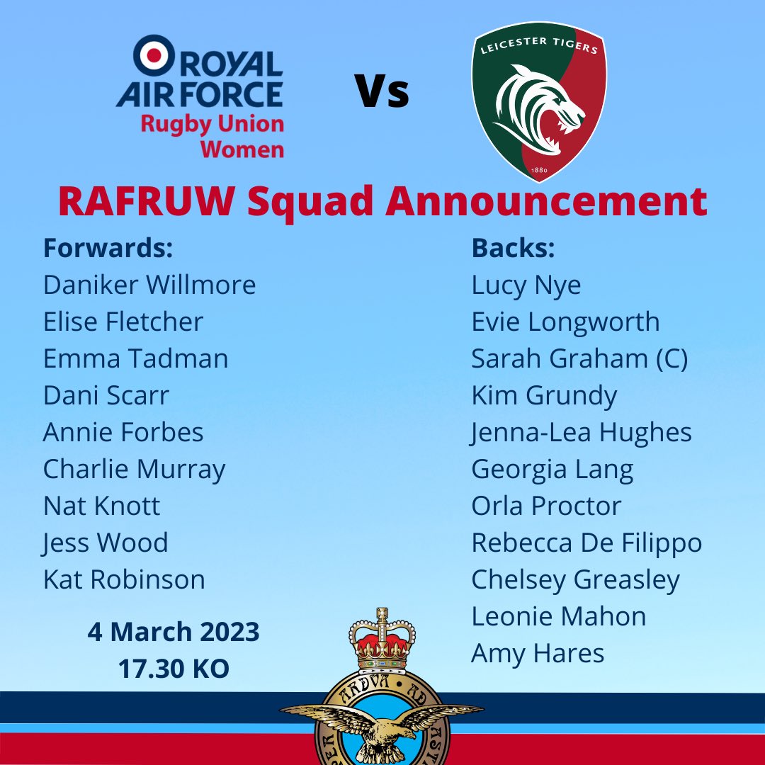 Match day 🏉 @TigersWomens v RAFRUW 📆 4 Mar 23 ⏰ 17.30 KO 📍@Hinckley_Rugby LE10 3DR #NoOrdinaryJob #InterServices2023 @SecureCloudPlus @InzpireLimited @RAFRugbyUnion @RAFNewsReporter @HQRAFSport @RAF__Police @RAFPoliceRugby @RAFEngineering @RAF_Logistics @RAF_Recruitment