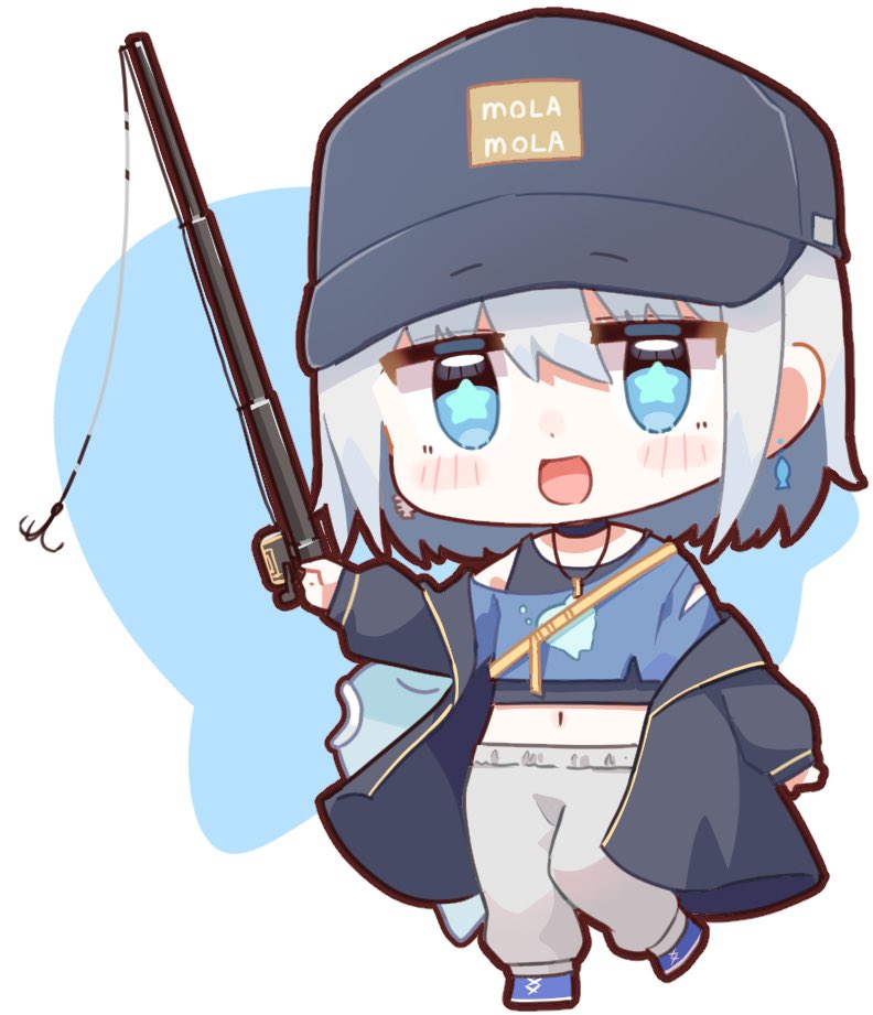 1girl solo chibi hat fishing rod baseball cap blue eyes  illustration images