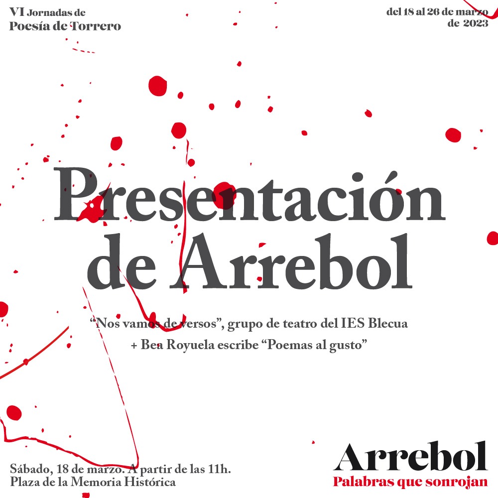 Estas VI jornadas contarán con su pequeña presentación en el acto en torno a los Presupuestos Participativos de Torrero. Bea Royuela con sus "Poemas al gusto" y el grupo de teatro del IES Blecua, que representará “Nos vamos de versos”, serán lxs encargadxs de poner poesía al acto