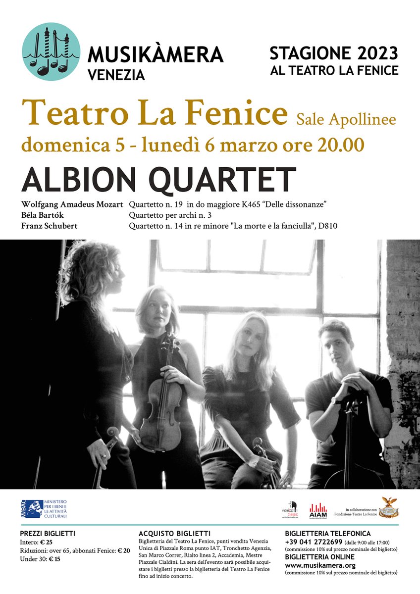 Quasi esauriti i biglietti per i concerti dell'Albion Quartet del 5 e 6 marzo alla Fenice - mailchi.mp/1f6914b004e5/a…