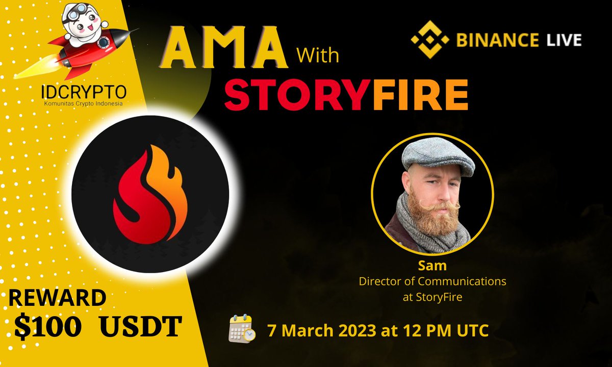 We are pleased to announce our Live AMA with with StoryFire on 7 March 2023 at 12 pm utc 

Venue: binance.com/en/live/video?…
Reward: $100 USDT

Task
Follow <a href="/storyfireapp/">Ali ahmed</a> <a href="/idcryp_to/">IDCrypto</a>
Join t.me/StoryFireOffic…

Like Retweet &amp; Submit question👇
