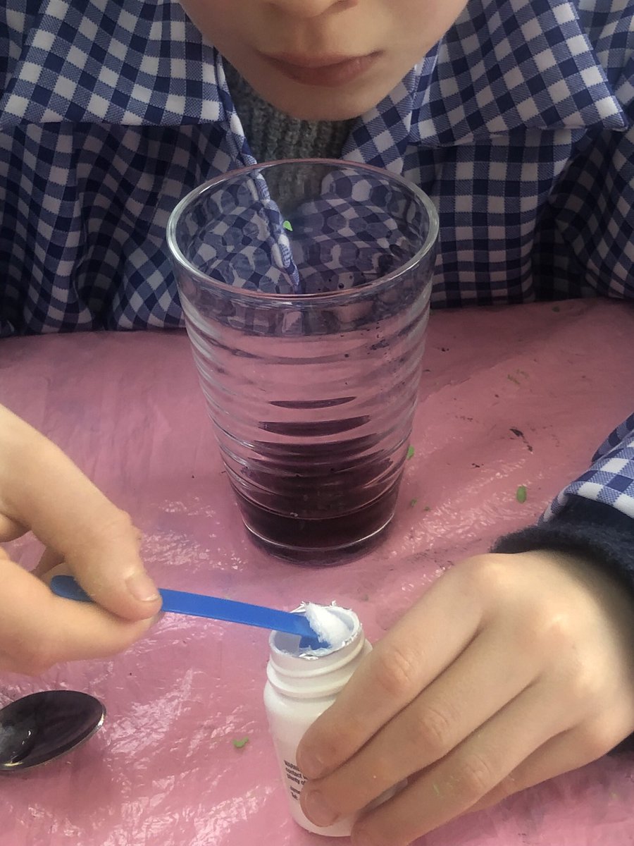 LearningLog1's tweet image. @laceygreenpa #LGPAScience Mixing chemicals to test their reactions!Sodium hydrogen carbonate helped make a blue mixture, tartaric acid helped make a red.Combining the two made a fizzing, foaming, purple liquid!