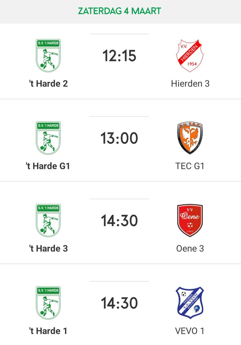 Na een mooie ochtendprogramma met veel jeugdwedstrijden, is er vanmiddag ook een mooi programma op sportpark Schenk. Als hoofdgerecht de nummers 2 &amp; 3 van de competitie tegen elkaar S.V. 't Harde - VEVO.