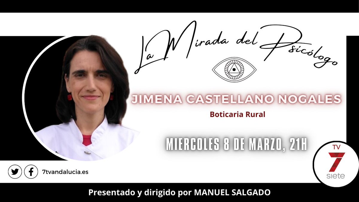 ...el MIÉRCOLES 8 a las 21 h, echamos una mirada a <a href="/jimenacnogales/">jimena castellano</a>
... Licenciada en Farmacia y Titular de Farmacia #LAMIRADADELPSICÓLOGO... en 
<a href="/7TVAndalucia/">7TV Andalucía</a>