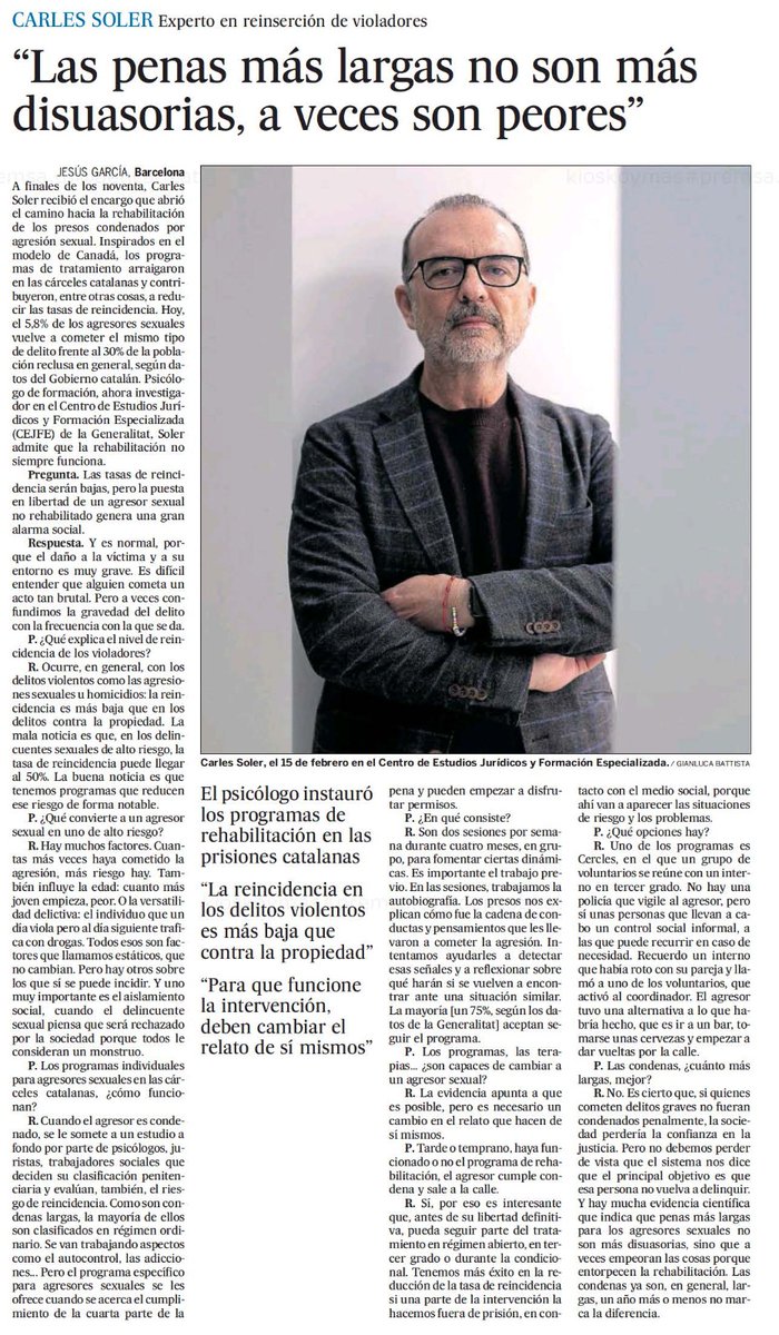 🗣️ "Les penes més llargues no són més dissuasives, a vegades són pitjors." - Carles Soler, expert en rehabilitació d'interns per agressions sexuals de la Unitat d’Investigació i Execució Penal del #CEJFE.

🗞️ Recupera l'entrevista de <a href="/elpaiscatalunya/">EL PAÍS Catalunya</a>: bit.ly/41Jq6v8