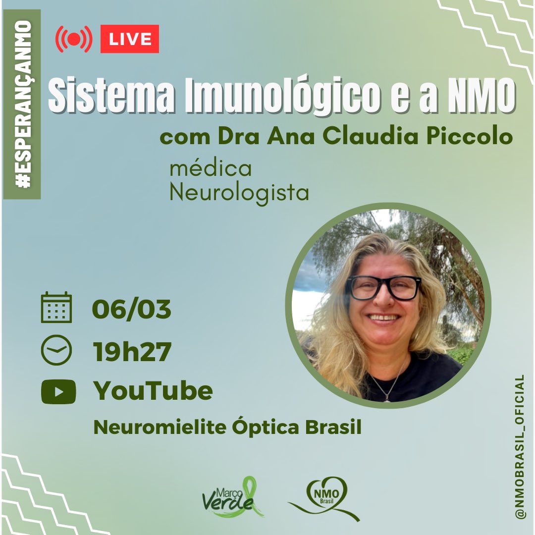 MeninaCoragem's tweet photo. 💚 Nossa convidada desse #MarçoVerde é a renomada médica Neurologista *Dra. Ana Claudia Piccolo*  e ela vai falar sobre *O Sistema Imunológico e a NMO*.

📆 *Segunda-feira, dia 06/03* 
⏰ *Às 19h27*
💻 *Pelo Youtube - Neuromielite Optica Brasil* 👇🏻
https://t.co/OSYrHAEYeo https://t.co/lvRKILtAkh