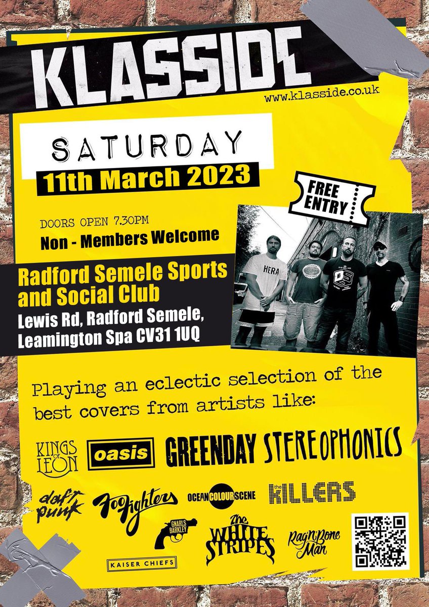 <a href="/KLASSIDE/">KLASSIDE</a> are live next Saturday with a hometown gig…so come support your local lads! Free entry and open to all! See you there…Cheers Tom, Khy, Chris &amp; G 😁👍🎸
