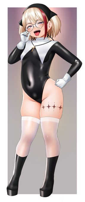 ギザ歯スプタン丸眼鏡厚底ブーツ白ニーハイ白グローブテカテカ服装その他なメスガキシスター楽描き塗り 