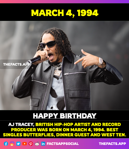 factsappsocial's tweet photo. #OnThisDay #DidYouKnow #AJTracey (@ajtracey), British hip-hop artist and record producer was born on March 4, 1994. Notable works #Butterflies,
#PsychOut and #necklace. #Not3s #LadbrokeGrove #WestTen #AJT
https://t.co/GaNOy3RFid https://t.co/d4Kf8shiVc