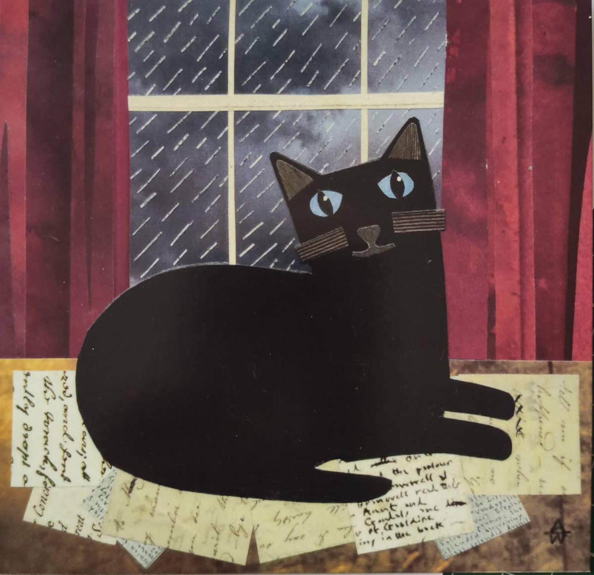 Really love this card, from the Etsy shop AmandaWhiteDesign.  etsy.me/3YjIKXx #etsy #cat #brontesisters #wutheringheights #haworthparsonage #amandawhitedesign #collage #naiveart #folkart #blackcat #catlover