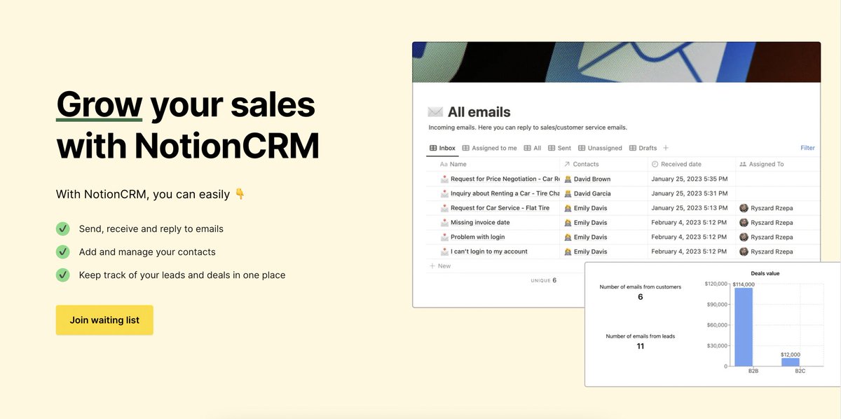 RyszardRzepa's tweet image. Hey 👋#buildwithnotion @IndieHackers I am building Advanced Notion CRM. It will replace
expensive CM systems like Hubspot for sending, receiving, and replying to emails. If you would like to try it go to notioncrm.io and join waiting list 😊