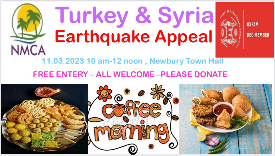 #Newbury Community group  raising funds for #Turkey and #Syria Earthquake Disaster. Come &amp; support the coffee morning at <a href="/NewburyTC/">Newbury Town Council</a> on March 11th, 10.00am  till 12.00pm. #Malayalee <a href="/VisitNewbury/">Visit Newbury</a> <a href="/NewburyToday/">.</a> <a href="/VCWB1/">Volunteer Centre West Berkshire</a> <a href="/WestBerkshire/">West Berkshire Council</a> <a href="/rakesh_alex/">Alex Rakesh</a> <a href="/kurienphilip/">Kurien Philip</a> <a href="/Greenham_Trust/">GreenhamTrust</a> 🙏