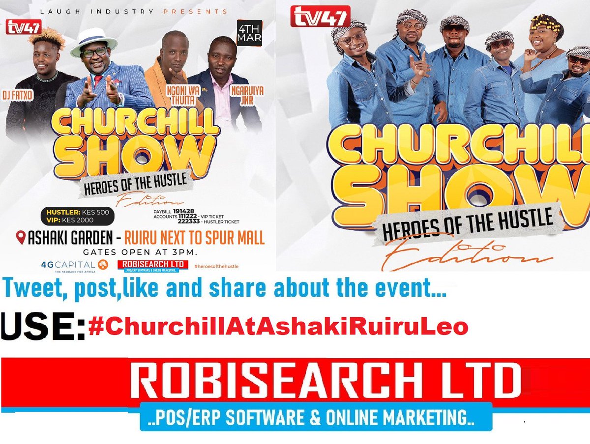 Leo Churchill show will be live at Ashaki Garden as from 3Pm.
Get your tickets at Ksh.500 only for regulars.
#ChurchillAtAshakiRuiruLeo
ChurchillShow RuiruToday
DigitallyFit Na Robisearch
Rono Enrique Stamford Bridge