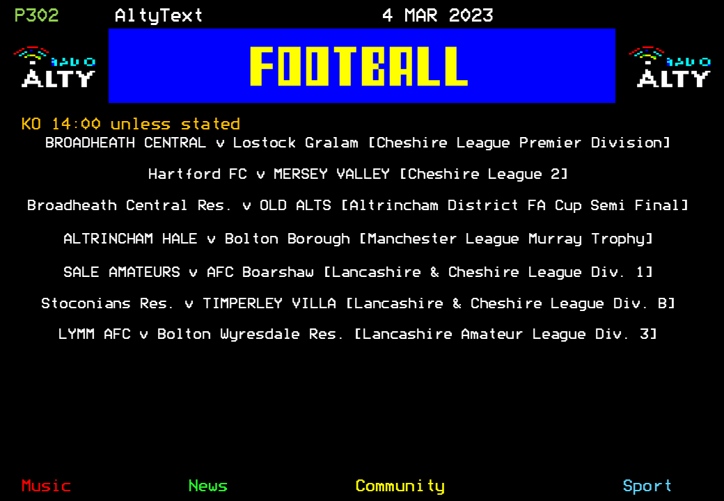 #AltyText - Football. Here's today's fixtures for @bcfc1922, @MerseyValleyFC, @Old_Alts, @AltrinchamHale, @SaleAmateursFC, @TimperleyVilla and @LymmAFC. #RadioAlty