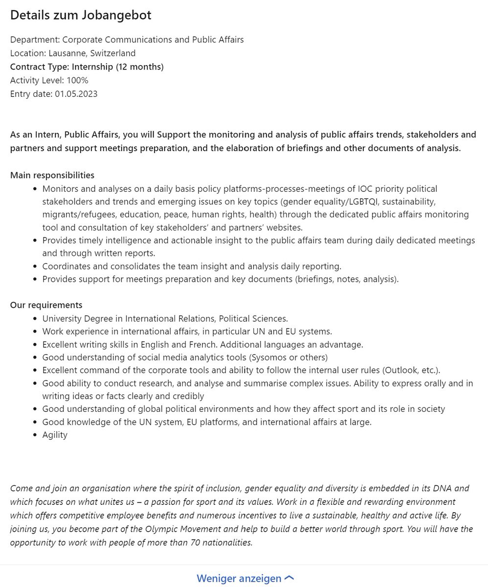 ➡️ Join our team as Public Affairs Intern of the IOC. 

➡️ 12 months working on platforms like the UN system, and topics like gender equality/LGBTQI, sustainability, migrants/refugees, education, peace, human rights, health &amp; many more.

➡️ Apply here: linkedin.com/jobs/view/3499…