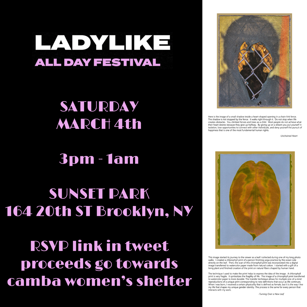 Happy Women’s History Month! LADYLIKE - All Day Festival. March 4th, 2023. 3pm - 1am Sunset Park 164 20th St Brooklyn, NY. RSVP link below. Art Gallery, Vendor Market, DJ and Art Workshop, Fashion Show, Music Showcase, Party. I have two prints included.
ladylike.splashthat.com
