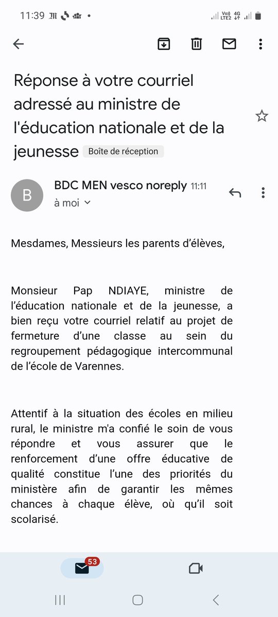 La réponse du ministre <a href="/PapNdiaye/">Pap Ndiaye</a> à notre lettre ouverte. On nous dit que les effectifs baissent en Haute-Garonne mais pas chez nous ! L'école des Varennes doit garder ses 2 classes !