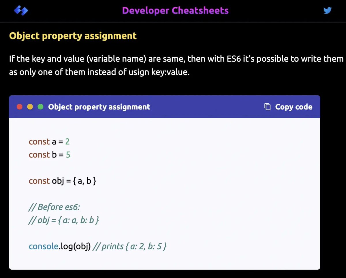DevCheatsheets's tweet image. ES6 Object property assignment - daily dose of JS.

Web Dev cheatsheets @ developercheatsheets.com

#webdevelopment #developer #cheatsheets #javascript