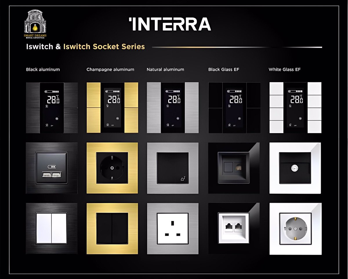 smart_dreams1's tweet image. سلسلة مفاتيح وأفياش #Interra بألوانها وخامتها المختلفة التي تتناسب مع مختلف التصاميم والديكورات. تنوع وجودة تليق بمنزلك الذكي✨

✨Diversity with quality for you✨

 #switches #interiordesign  #modernhome #smarterhome #smarthouse #sockets  #مفاتيح #افياش  #سمارت_هوم #المنزل_الذكي