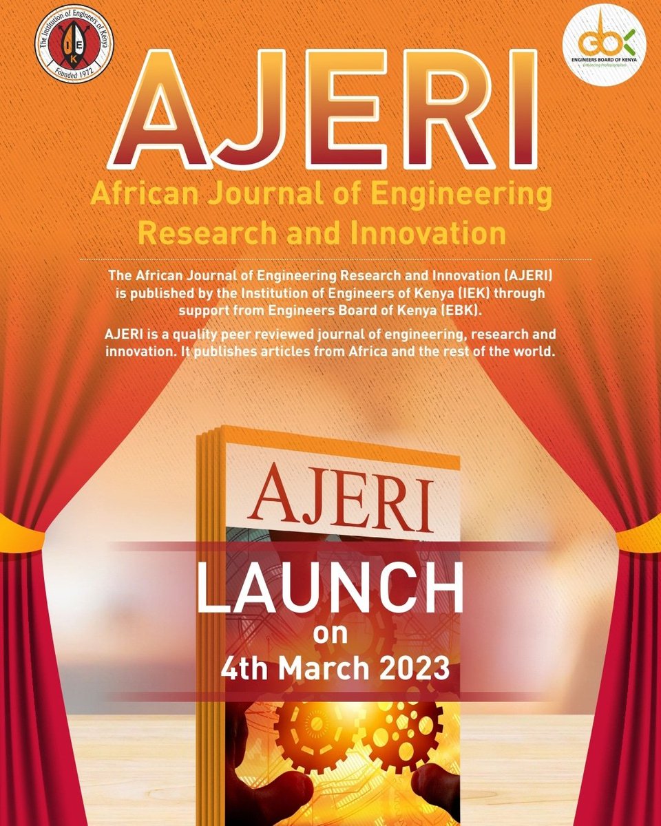 TheIEK's tweet image. Presenting the African Journal of Engineering Research and Innovation
(AJERI)
@EngineersBoard 
@engineering_day 
#WorldEngineeringDay2023