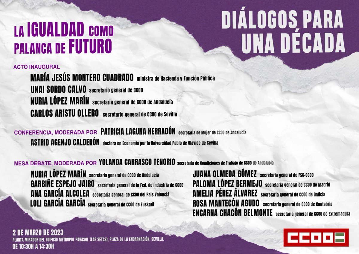 🟣Esta semana con la ministra <a href="/Haciendagob/">Ministerio de Hacienda</a> <a href="/mjmonteroc/">María Jesús Montero</a> en la jornada organizada por <a href="/ccooandalucia/">CCOO de Andalucía</a> en #Sevilla. Con el Delegado del Gobierno en <a href="/DGobAndalucia/">Delegación del Gobierno en Andalucía</a> <a href="/PedroFdezGob/">Pedro Fernández</a> <a href="/UnaiSordo/">Unai Sordo</a> <a href="/CCOO/">COMISIONES OBRERAS</a> <a href="/JFdezdelosRios/">Javier Fernández de los Rios</a> <a href="/psoedesevilla/">PSOE de Sevilla</a> 
<a href="/nurialomar/">Nuria López Marín</a> 
<a href="/AmparoRubiales/">Amparo Rubiales</a> <a href="/aristu_carlos/">Carlos Aristu Ollero</a> <a href="/ccoosevilla/">CCOO de Sevilla</a>…