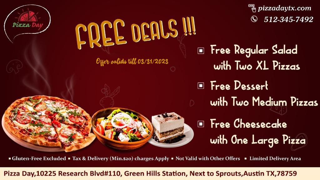 PizzaDayTx's tweet photo. Enjoy Free Deals at Pizzaday!!!

#pizzadaytx #keepaustineatin #pizza #marchoffers #austintxfoods #salad #cheesecake #dessert #freedeals #austinlocal #deals #takeaway #delivery #texas #pizzeria #foodblogger #pizzalover #restaurant #indianpizza #italianpizza #atxfooddelivery https://t.co/ypEI70iksE