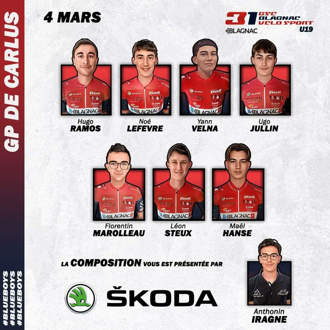 𝗚𝗥𝗔𝗡𝗗 𝗣𝗥𝗜𝗫 𝗗'𝗢𝗨𝗩𝗘𝗥𝗧𝗨𝗥𝗘 𝗗𝗘 𝗖𝗔𝗥𝗟𝗨𝗦

Début du week-end pour nos BlueBoys aujourd'hui. Ils disputent le Grand Prix d'Ouverture de Carlus ! 🔵🔴

📃 : Il faudra 3 tours de 25 km puis 5 boucles de 10 km pour un total de 128 km. 

Voici la composition !