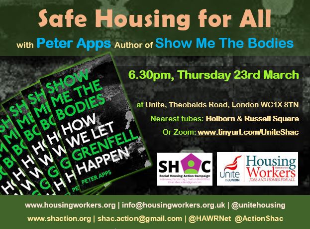 UniteHousing's tweet photo. “Grenfell was the result of a series of choices, the sum of state neglect and corporate wrongdoing across a variety of areas, the epicentre of myriad defects in our social fabric” as @PeteApps writes. Joint meeting with @HAWRNet all welcome. See: https://t.co/VOgO9L0EIP #housing https://t.co/3fNTH6sYsI