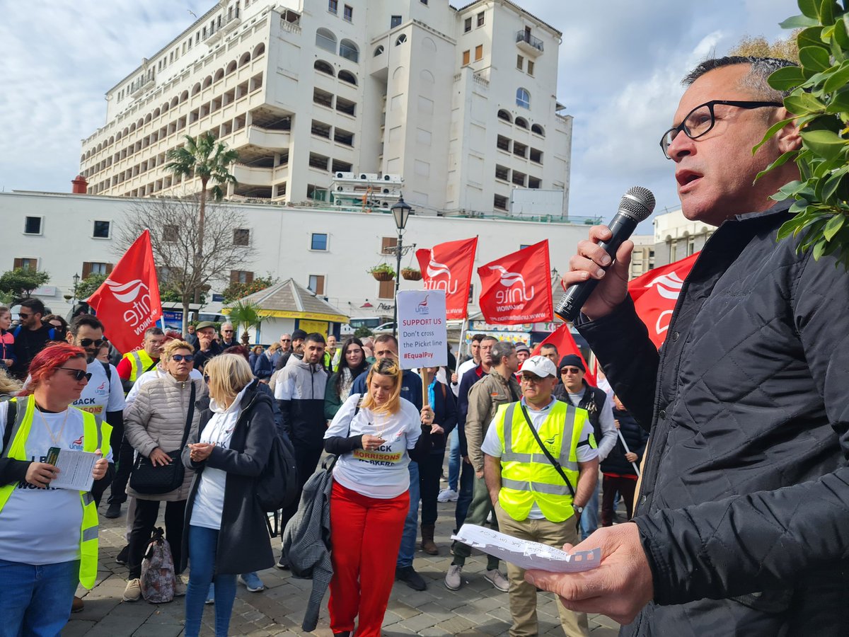 Demonstration: 36 days into striking <a href="/unitetheunion/">Unite the union: join a union</a> says it will continue financially supporting its Morrisons members. Unite's Christian Duo says Gibraltar hasn't seen a strike going on for so long in years.  Union has support from UK General Secretary and considers escalation.