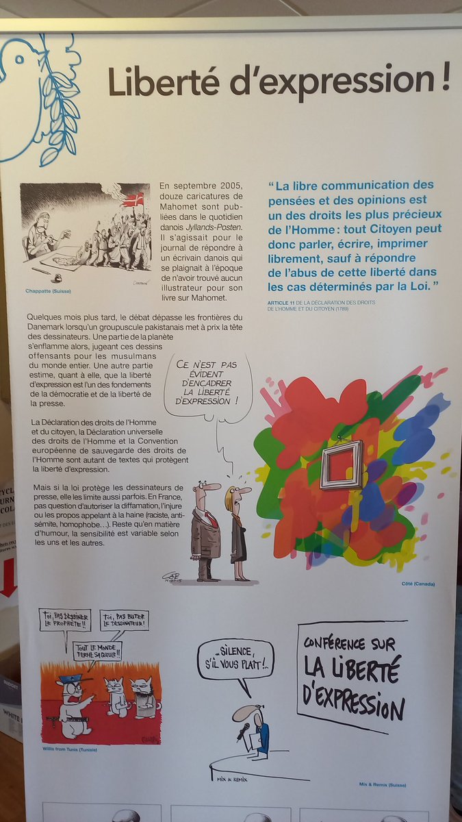 Exposition "dessins pour la paix" au CDI du collège jusqu'au 10 mars. Expo réalisée par un réseau de dessinateurs de presse qui travaillent pour la compréhension entre les différentes cultures et religions à travers le monde en utilisant le dessin de presse.#dessinspourlapaix