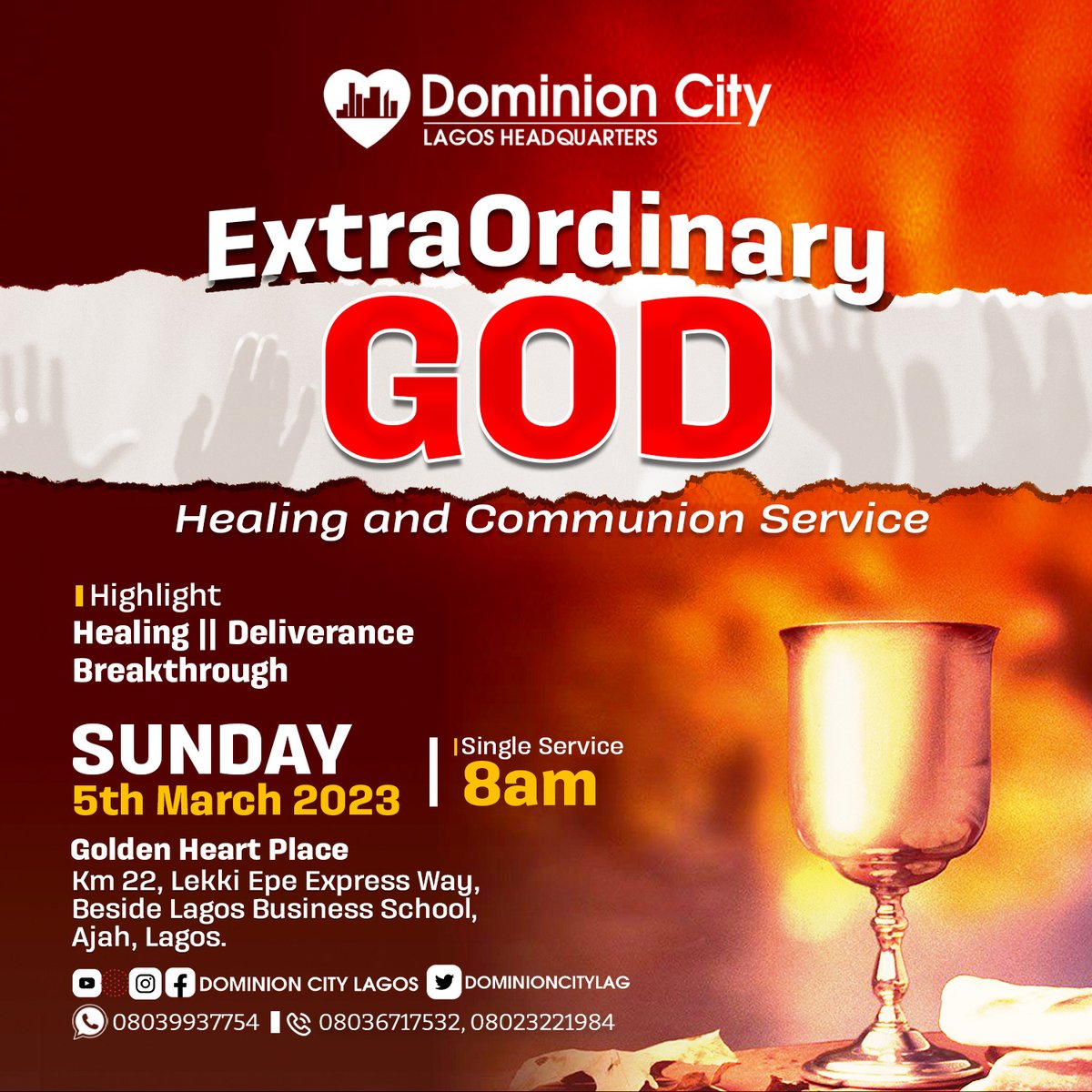 dominioncitylag's tweet photo. Are you trusting God for any form of healing in your body? Come meet with the extraordinary God tomorrow at our healing and communion service.
Time: 8am (Single Service)
Don't come alone, bring someone!
#DominionCity
#DCLagosHQ
#ExtraordinaryGod
#SundayService https://t.co/hObUWkXjSB