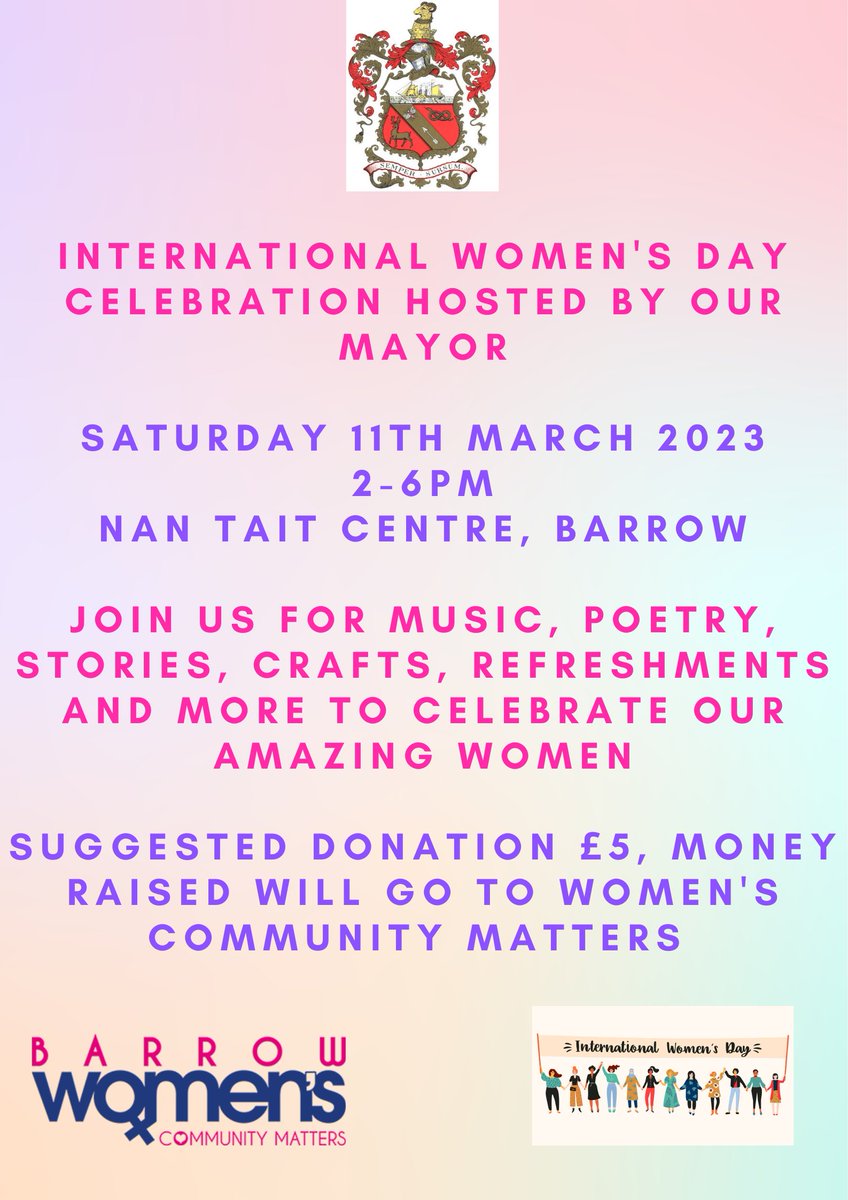 BarrowLabour's tweet photo. **1 week to go** This time next week our Mayor is hosting an International Women's Day Celebration 2023, supporting Women's Community Matters. Join us in the Nan Tait for music, cake, crafts and more 💜🤍💚 https://t.co/b2gVzbFwwX