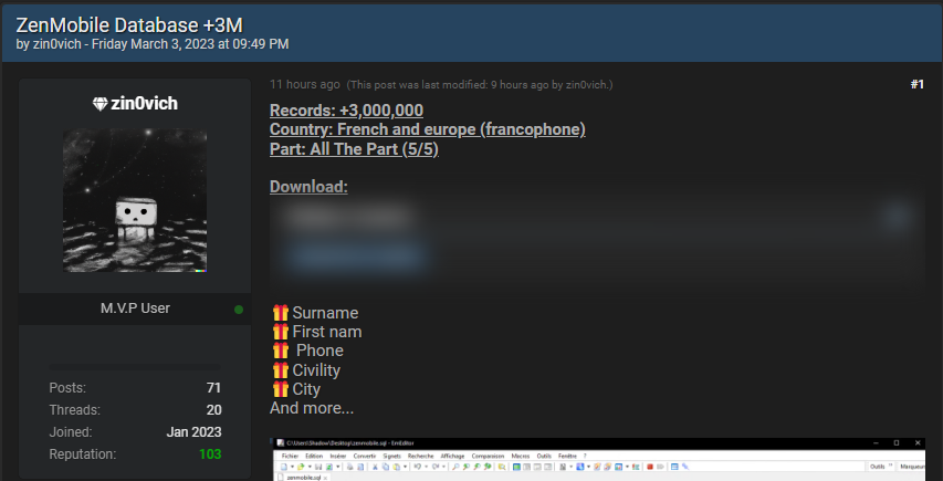 A user in the hackers forum claims to have a database containing over 3M records of individuals in French and francophone European countries. The database includes fields such as surname, first name, phone number, civility, city, and more.
#databreach #Cyberrisk #DarkWeb #DeepWeb