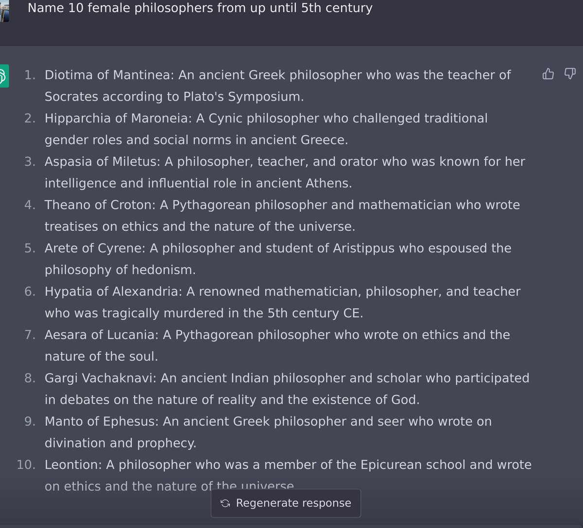 @dk_munro 99% of ChatGPT reflects the bias of the datasets used in training which is a snapshot of the internet up to 2021. Trained to predict the next word, it's reasonable that those 10 named philosophers by sheer quantity appear most often in the dataset. However: