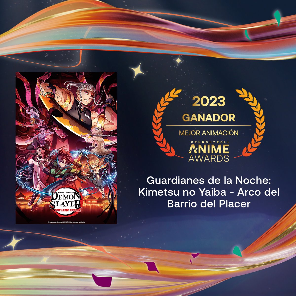No se puede negar la belleza de Guardianes de la Noche: Kimetsu no Yaiba. 
¡Felicidades por llevarte a casa el premio a Mejor Animación! #AnimeAwards 🏆