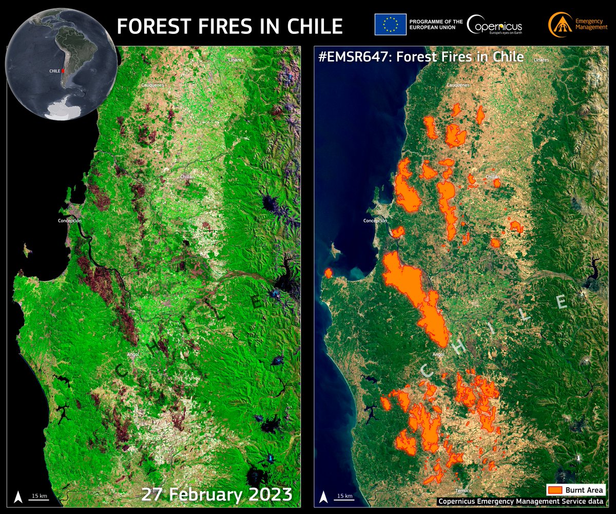 #Copernicus for #wildfires monitoring

One month after the devastating fires in #Chile 🇨🇱, we can see from space the burnt areas across large areas

↙️Burnt scars seen by #Sentinel2 on 27 February and ↘ delineation products generated in the #EMSR647 <a href="/CopernicusEMS/">Copernicus EMS</a> activation