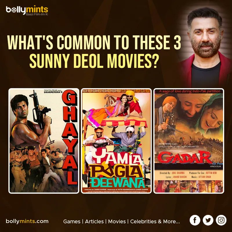 What's common to these 3 sunny deol movies ? comment below !
#Ghayal #Yamlapagladeewana #Gadar #Dharmendra #Bobbydeol #AmrishPuri #MeenakshiSheshadri #ompuri #AmeeshaPatel