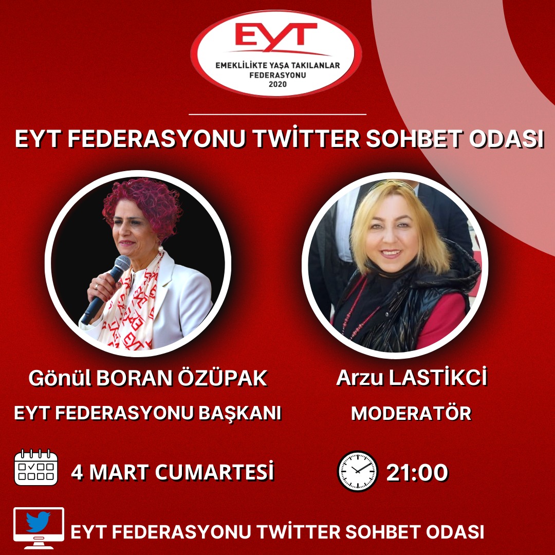 gonulborann's tweet photo. 📢 DUYURU📢
TARİH: 04 Mart 2023 (bu akşam)
SAAT: 21.00

Gündeme dair açıklamalarımla, @EytFederasyonu Twitter sohbet odamızda olacağım. 

Katılımlarınızı bekleriz.

Birimiz hepimiz, hepimiz birimiz için mücadelemiz. 

Moderatör: @ArzuLastikci

#EmeklilikteYaşaTakıIanIar https://t.co/dhK7VJhf0d