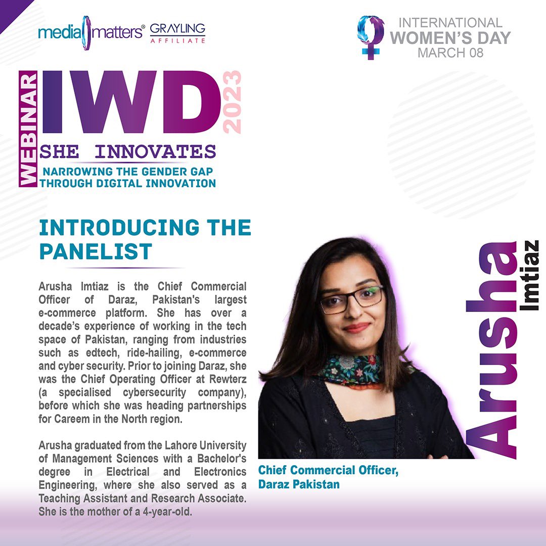 #MeetOurPanelists: Introducing Arusha Imtiaz, Chief Commercial Officer, at @darazpk who will be joining us at our webinar that focuses on the role of technology in empowering women. #DigitAll #SheInnovates #IWD2023 #womenempowerment