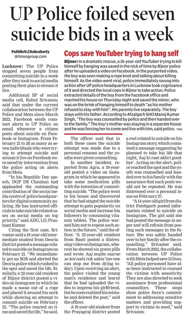Saving lives by 'Digital Patrolling-Swiftly acting on #SocialMedia alerts from <a href="/Meta/">Meta</a>, #UPPolice has saved 7 precious lives in the past week from committing #suicide.
The police have been directed to counsel t victims with empathy &amp; respect, prioritizing their safety &amp; well-being.