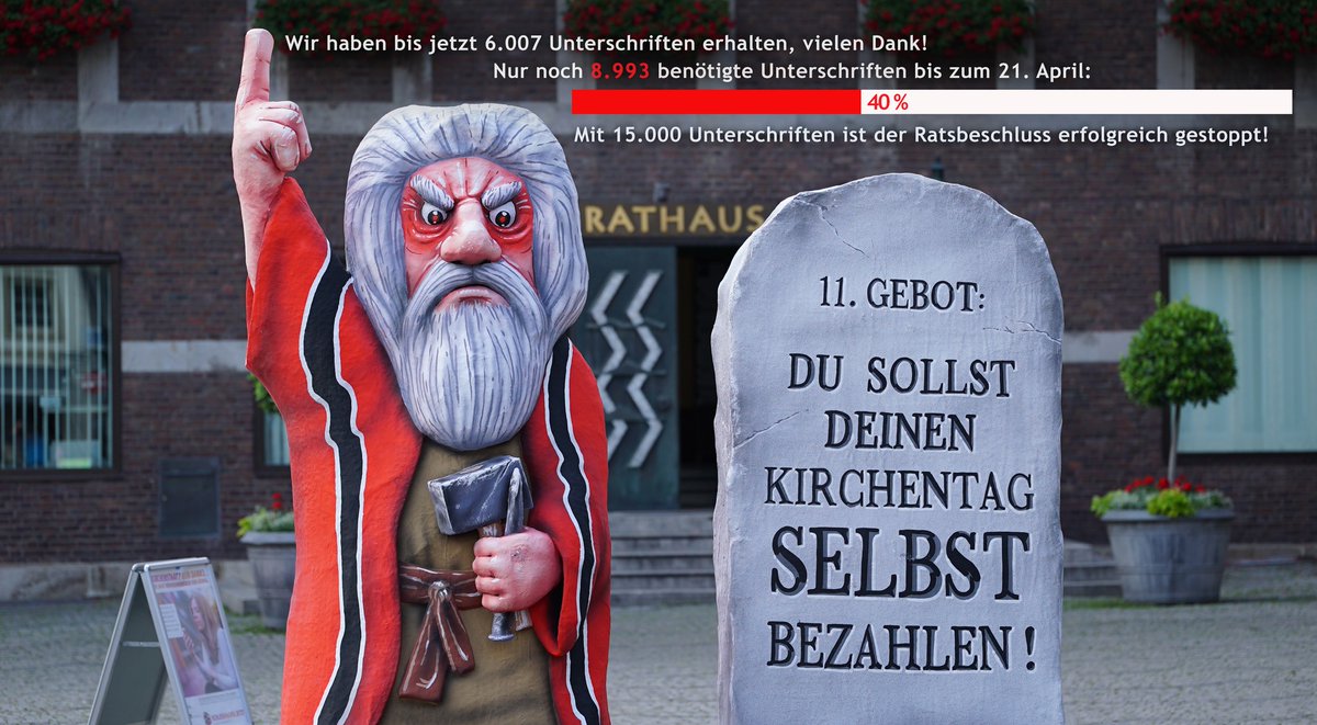 Neuer Meilenstein. Die 6000 wurde überschritten. Aber da geht noch was. Gebt uns eure Stimmen gegen die Finanzierung des ev. Kirchentages durch die Stadt #Düsseldorf 
Mit 15.000 Unterschriften ist der Ratsbeschluss erfolgreich gestoppt!
 @11tesGebotDE 
#NichtmeinKirchentag