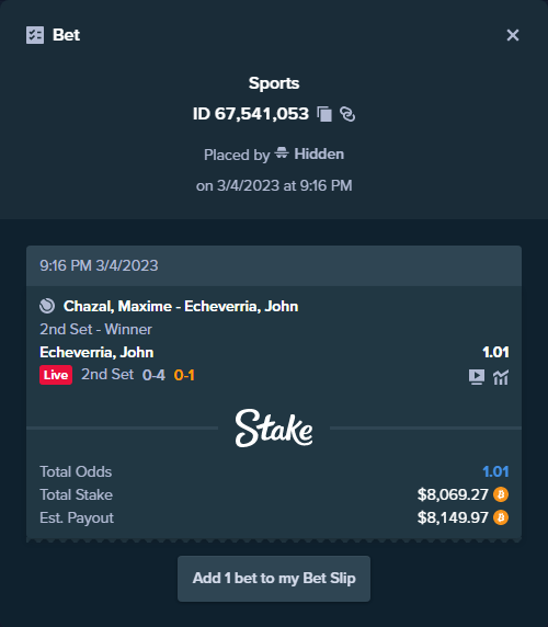 stakehighroller's tweet photo. ALERT: New high roller bet posted!
A bet has been placed for $8,069.27 on Chazal, Maxime - Echeverria, John to win $8,149.97.
To view this bet or copy it https://t.co/w255E8cvmf https://t.co/ZBiLmXnDL9