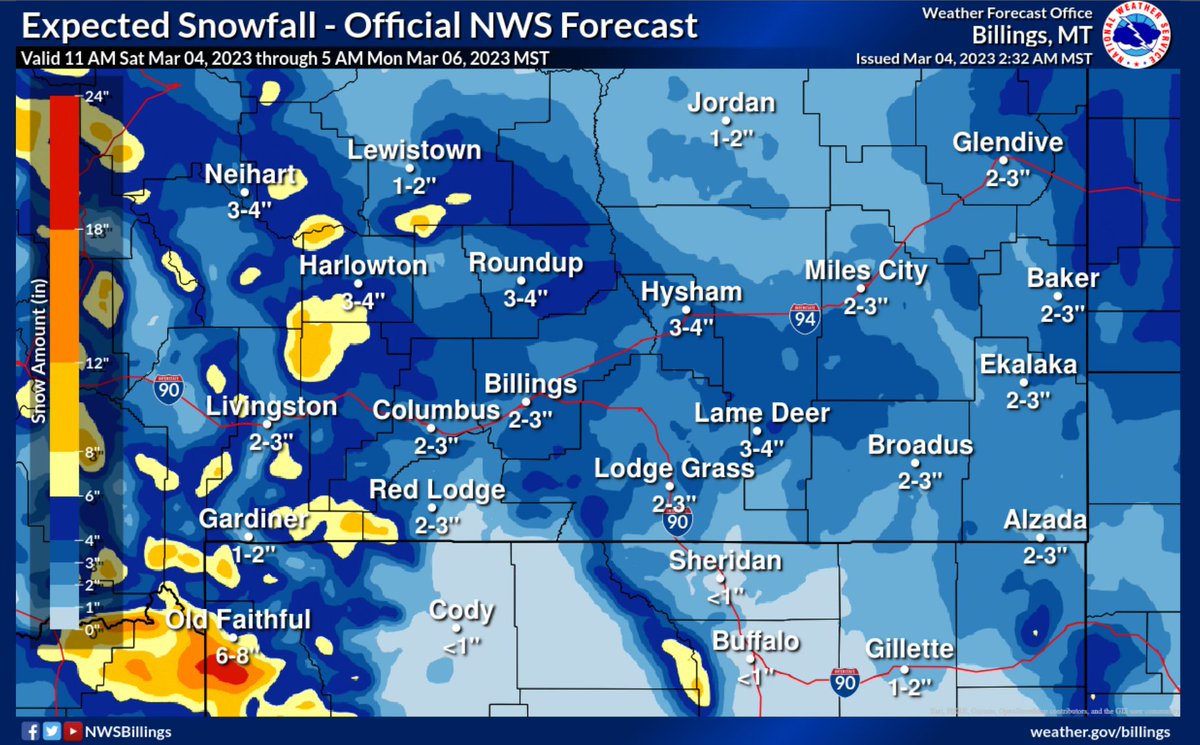 It will be dry today, but a colder &amp; snowy weather pattern is taking shape starting tomorrow and lasting thru next week. This map shows expected snowfall tonight thru Sunday night ONLY. Your Monday morning commute will likely be chilly (temps in teens) w/ icy roads. #mtwx #mtwx